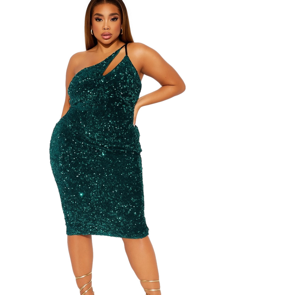 💚 Fashion Nova Green Sequin Asymmetrical Midi Dress – Size 2X